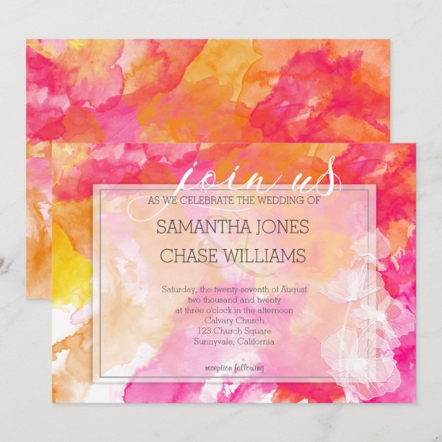 Invitación Fiery Bold Sunset Watercolor Hollyhock Boda (Anverso / Reverso)
