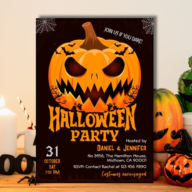 Invitación Fiery Pumpkin Jack o lantern bats Spooky Halloween (Subido por el creador)