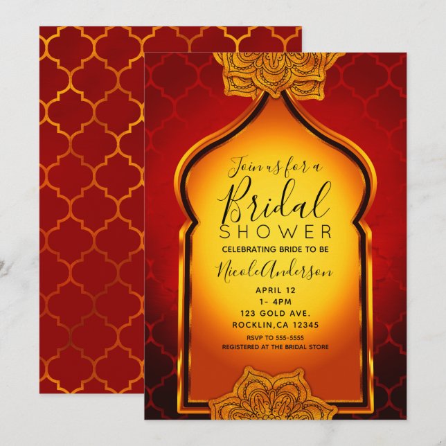 Invitación Fiery Red Gold Royal Indian Bridal Shower (Anverso / Reverso)