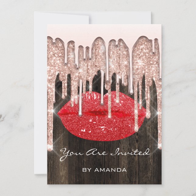 Invitación Fiesta 16º Beso Labios Rosa Brillo Madera. Rojo (Anverso)