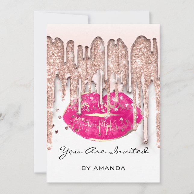 Invitación Fiesta 16º Beso Rojo Lips Rosa Purpurina Blanco Ro (Anverso)