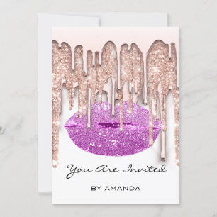 Invitación Fiesta 16º Beso Rojo Lips Rosa Purpurina Púrpura B