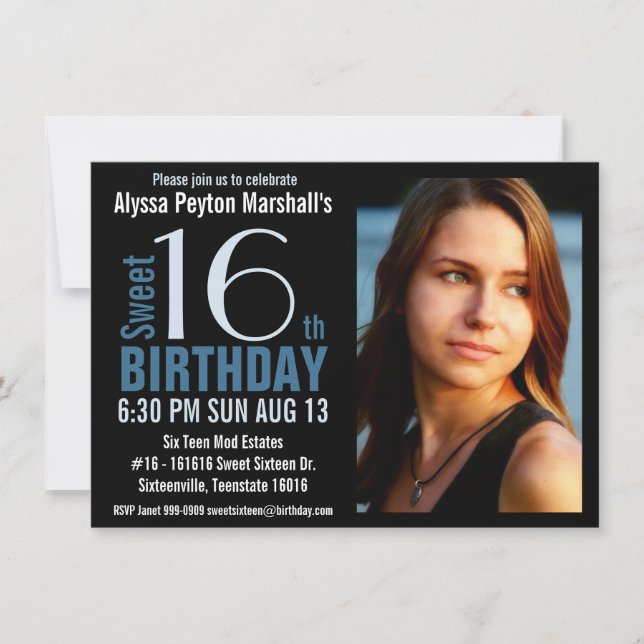 Invitación Fiesta 16º de foto dulce azul y negro (Anverso)