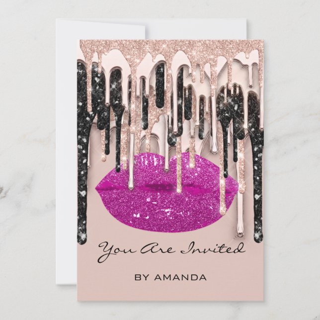 Invitación Fiesta 16º Labios de Besos Rojos Rosa Brillo Goteo (Anverso)