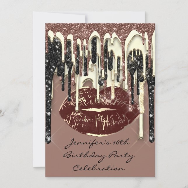 Invitación Fiesta 16º Lips Besar gotas Purpurinas de chocolat (Anverso)