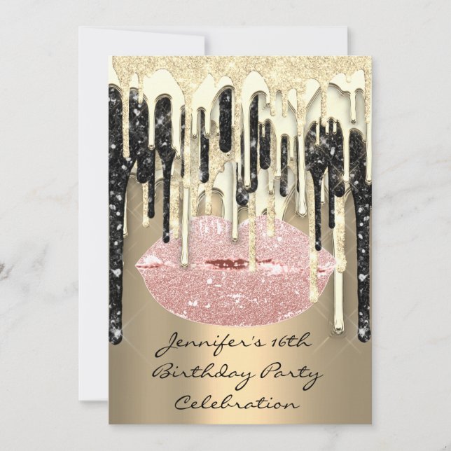 Invitación Fiesta 16º Lips Beso Beber Purpurinas Rosas negros (Anverso)