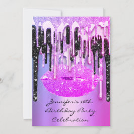 Invitación Fiesta 16º Lips Kiss Black Pinky Purpurinas Drips