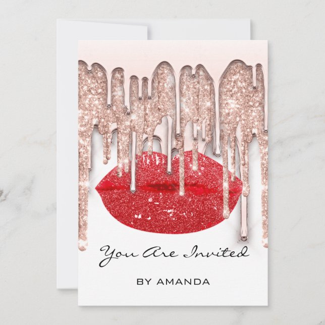 Invitación Fiesta 16.ª Besada Roja Rosa Purpurina Glam Blanco (Anverso)