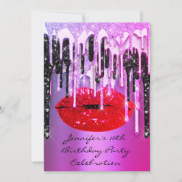 Invitación Fiesta 16.º Lips Besan Perforaciones de Purpurina 