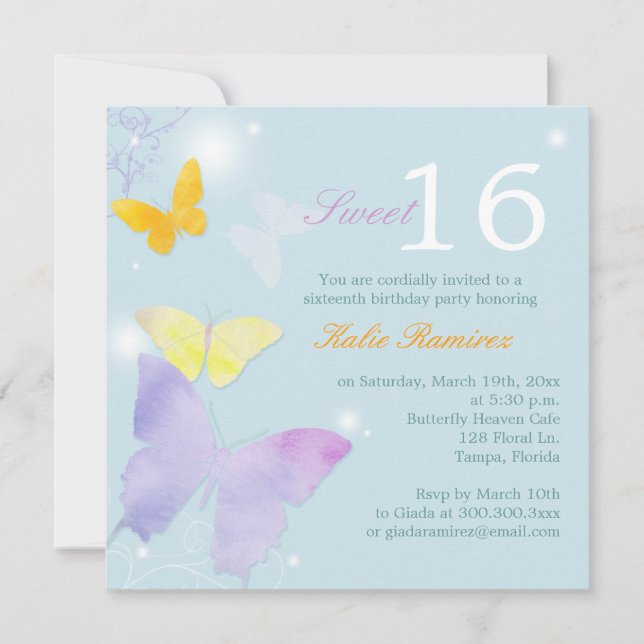 Invitación Fiesta 16 de Posh Butterfly Pale Blue Sweet (Anverso)