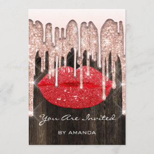 Invitación Fiesta 16th Kiss Lips Purpurina Wood. Rojo