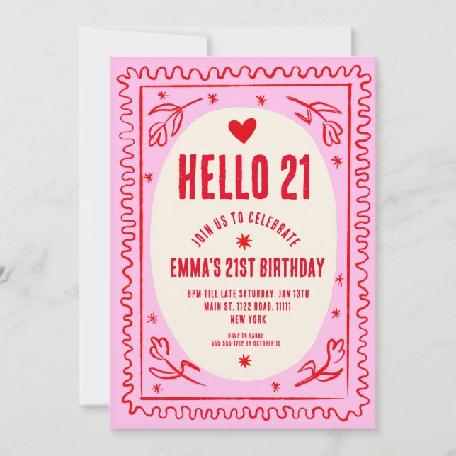 Invitación Fiesta 21º Cumpleaños De Escritura Roja Retro Pink (Anverso)