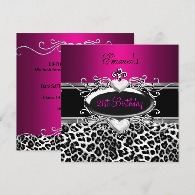 Invitación Fiesta 21 Cumpleaños Plata Rosa Negro Blanco Leopa (Anverso / Reverso)