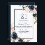 Invitación Fiesta 21 de cumpleaños floral de Marina y Rubor<br><div class="desc">Invitación a la fiesta de cumpleaños 21ª floral de Navy y Rubor Floral Elegant Ver colección coincidente en Nicho y tienda</div>