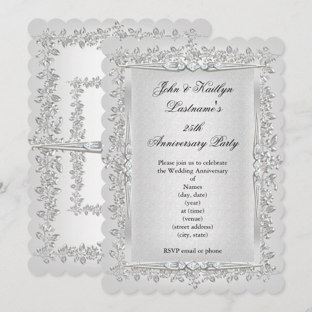Invitación Fiesta 25 Aniversario Rosa Damasco Plata Blanco 2 (Anverso / Reverso)