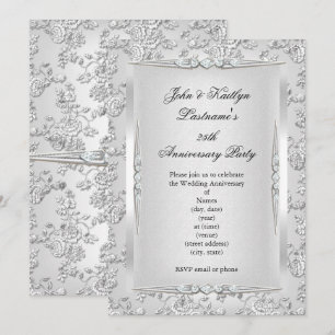 Invitación Fiesta 25 Aniversario Rosa Damask Plata Blanco