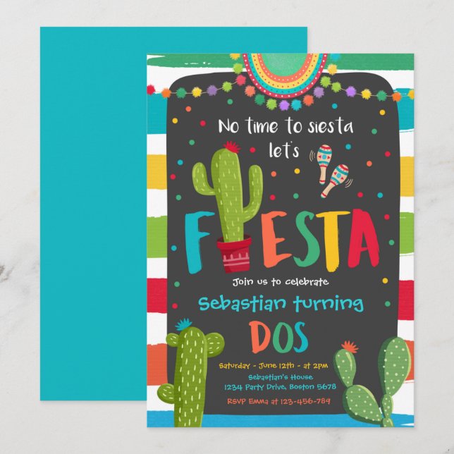 Invitación Fiesta 2.ª Fiesta de cumpleaños Fiesta Cactus mexi (Anverso / Reverso)