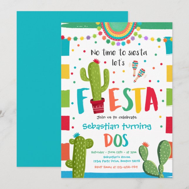 Invitación Fiesta 2.º Fiesta de cumpleaños Cactus mexicano Fi (Anverso / Reverso)