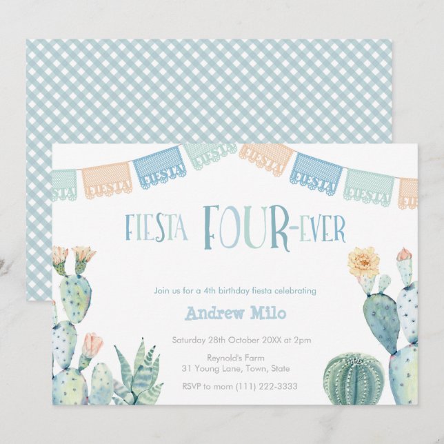 Invitación Fiesta 4.º cumpleaños del tema mexicano (Anverso / Reverso)