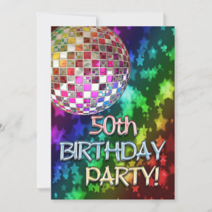 Invitación fiesta 50 con bola de disco y arco iris de estrell