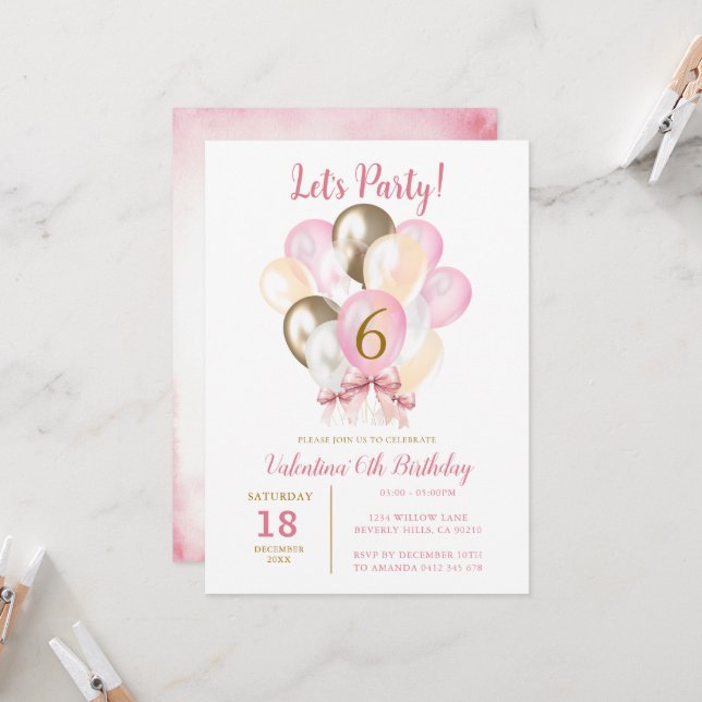 Invitación Fiesta 6º Chica Balón de oro rosado (Anverso/Reverso In Situ)