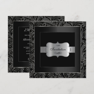 Invitación Fiesta Abstracta de Negro y Plata   Aniversario