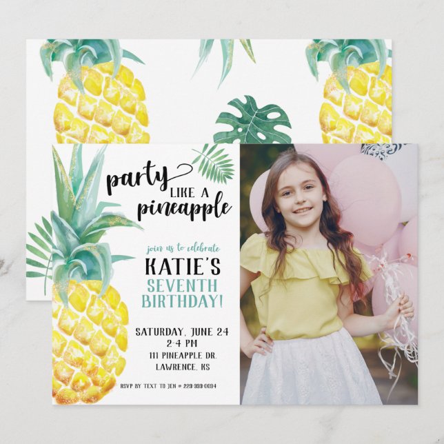 Invitación Fiesta acuarela como un cumpleaños de piña (Anverso / Reverso)