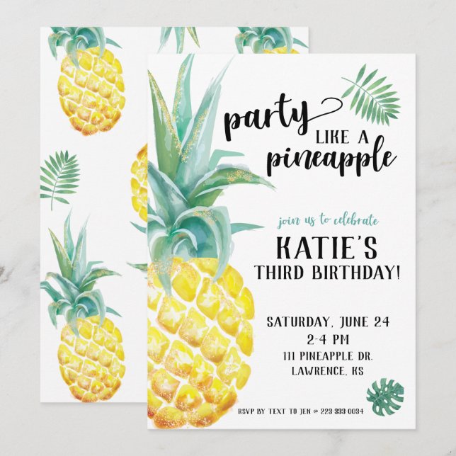 Invitación Fiesta acuarela como un cumpleaños de piña (Anverso / Reverso)