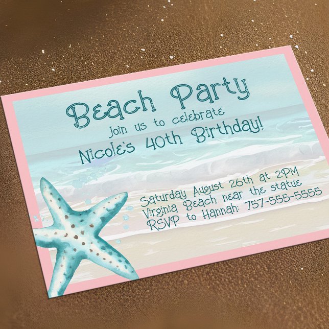 Invitación Fiesta acuático acuático y acuarela rosada de Star (Starfish beach party invitations, cheerful & casual for Summer fun)