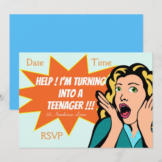 Invitación Fiesta adolescente chica de Pop Art divertido (Anverso / Reverso)