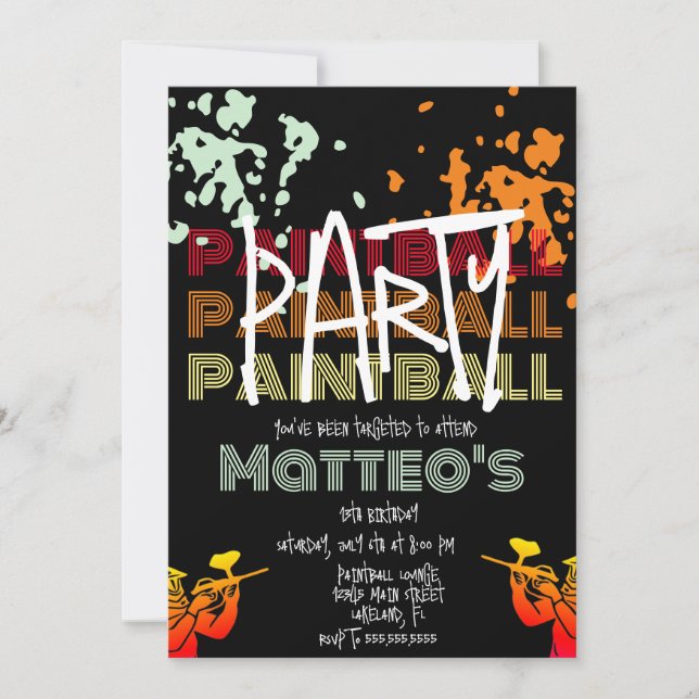 Invitación Fiesta adolescente de cumpleaños de Guay Paintball (Anverso)
