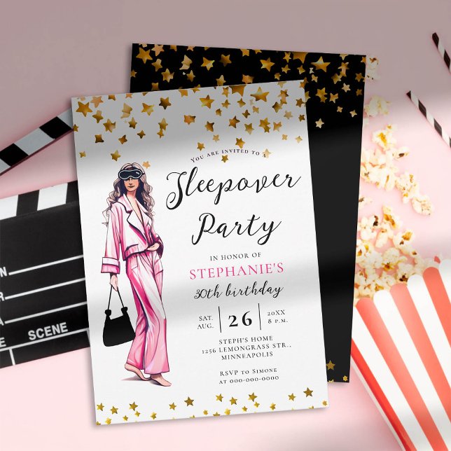 Invitación Fiesta adulto Sleepover Moda Rosa 30 cumpleaños (adult sleepover party invitation 30th birthday women fashion pajama hot pink gold stars elegant chic)