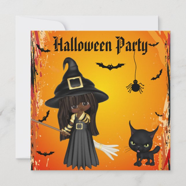 Invitación Fiesta afroamericana de brujas y gatos de Hallowee (Anverso)