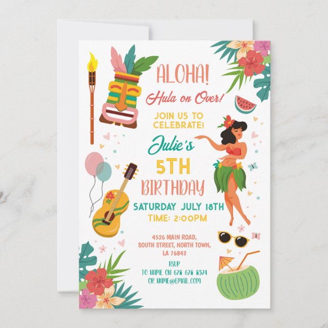 Invitación Fiesta Aloha Tiki Cumpleaños Lei Aloha  (Anverso)