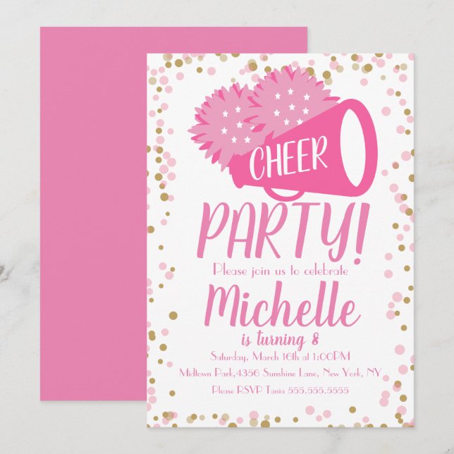 Invitación Fiesta animadora Confetti Rosa de Cumpleaños (Anverso / Reverso)