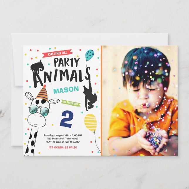 Invitación Fiesta Animal Birthday Invitation Zoo Wild Black (Anverso)