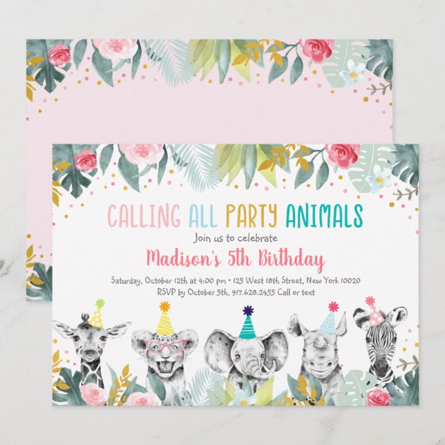 Invitación Fiesta Animal Pink Gold Safari Cumpleaños (Anverso / Reverso)