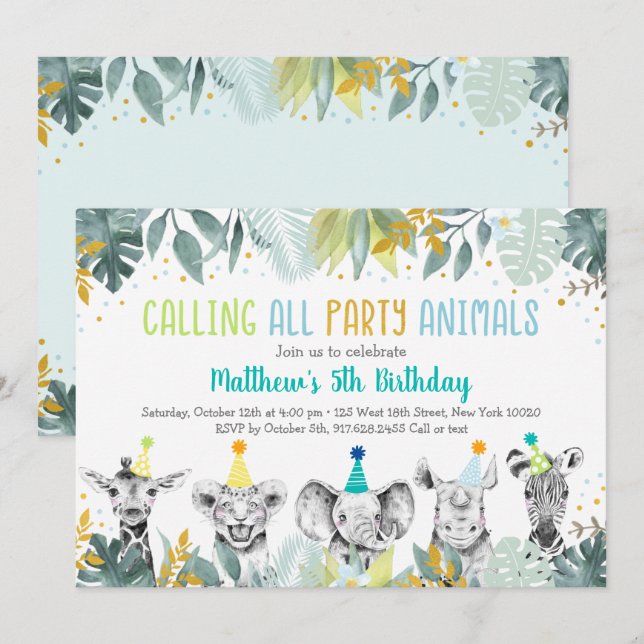 Invitación Fiesta Animales Blue Gold Safari Cumpleaños (Anverso / Reverso)