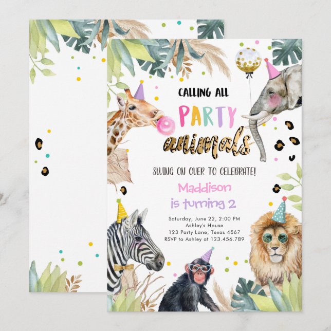 Invitación Fiesta Animales Chica Safari Nacimiento Zoológico  (Anverso / Reverso)