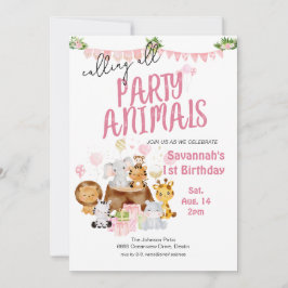 Invitación Fiesta Animales Cumpleaños Rosa