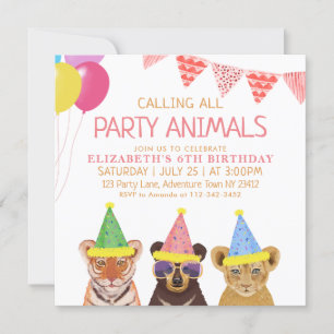 Invitación Fiesta Animales Cumpleaños Rosa