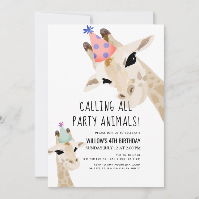 Invitación Fiesta Animales Giraffe Cumpleaños (Anverso)