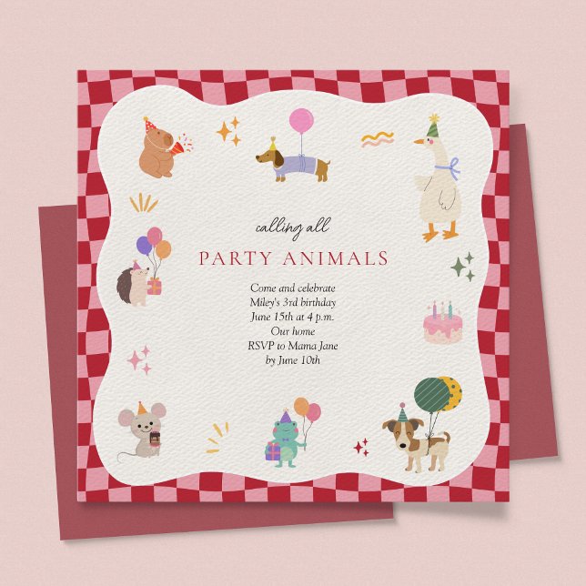 Invitación Fiesta Animales Retro Cumpleaños Minimalista (Calling All Party Animals Birthday Invitation Retro Minimalist Zoo Animals Safari Jungle Cute)