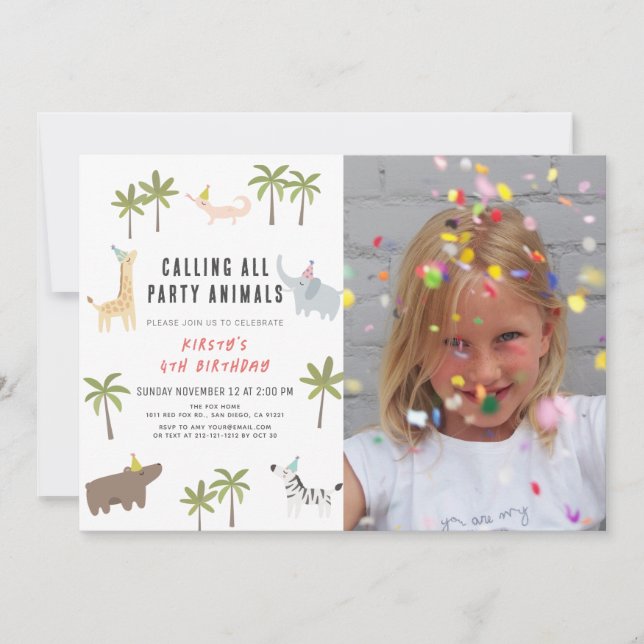 Invitación Fiesta Animales Safari Foto Niños Cumpleaños (Anverso)