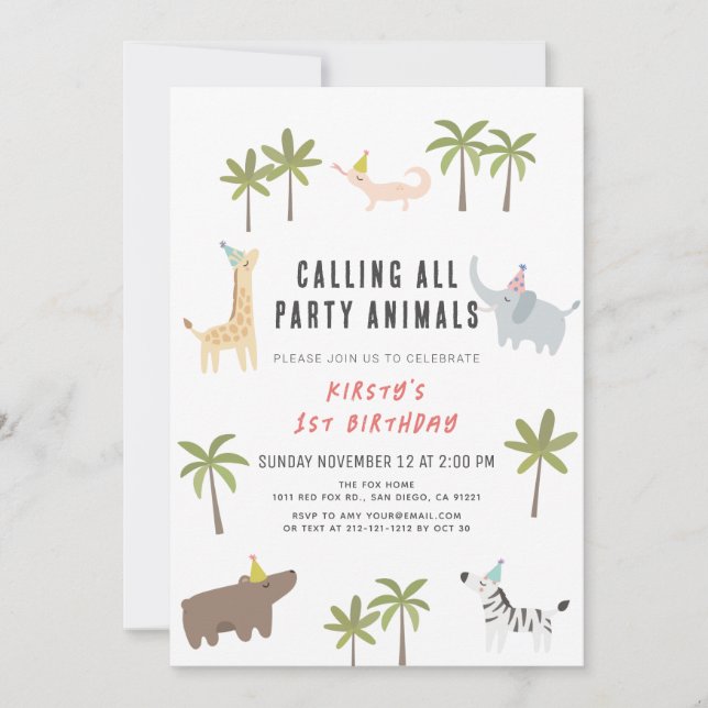 Invitación Fiesta Animales Safari Primer cumpleaños (Anverso)