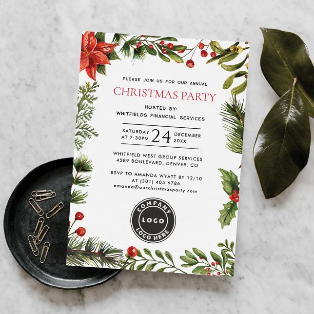 Invitación Fiesta anual de Navidades de Empleados Empresarial (Christmas Holidays Company Logo Poinsettia Red Berries Botanical Annual Party Invitation)