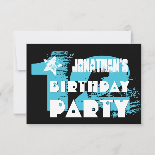 Invitación Fiesta AQUA y BLACK 12th Birthday Grunge (Anverso)