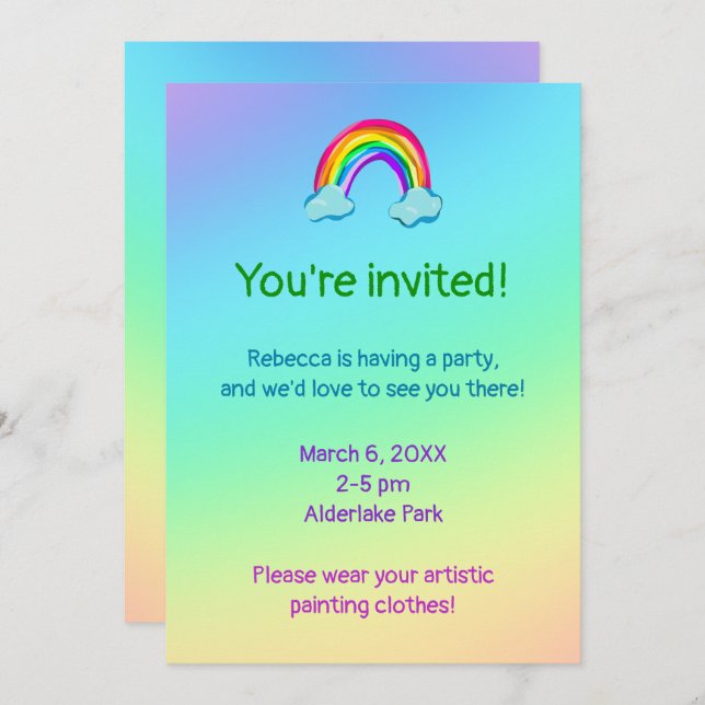Invitación Fiesta arcoiris (Anverso / Reverso)