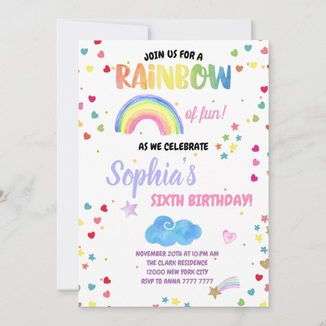 Invitación Fiesta arcoiris Chica fiesta de cumpleaños Pastel  (Anverso)