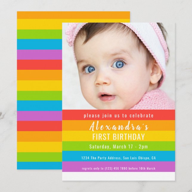 Invitación Fiesta arcoiris colorido personalizado (Anverso / Reverso)